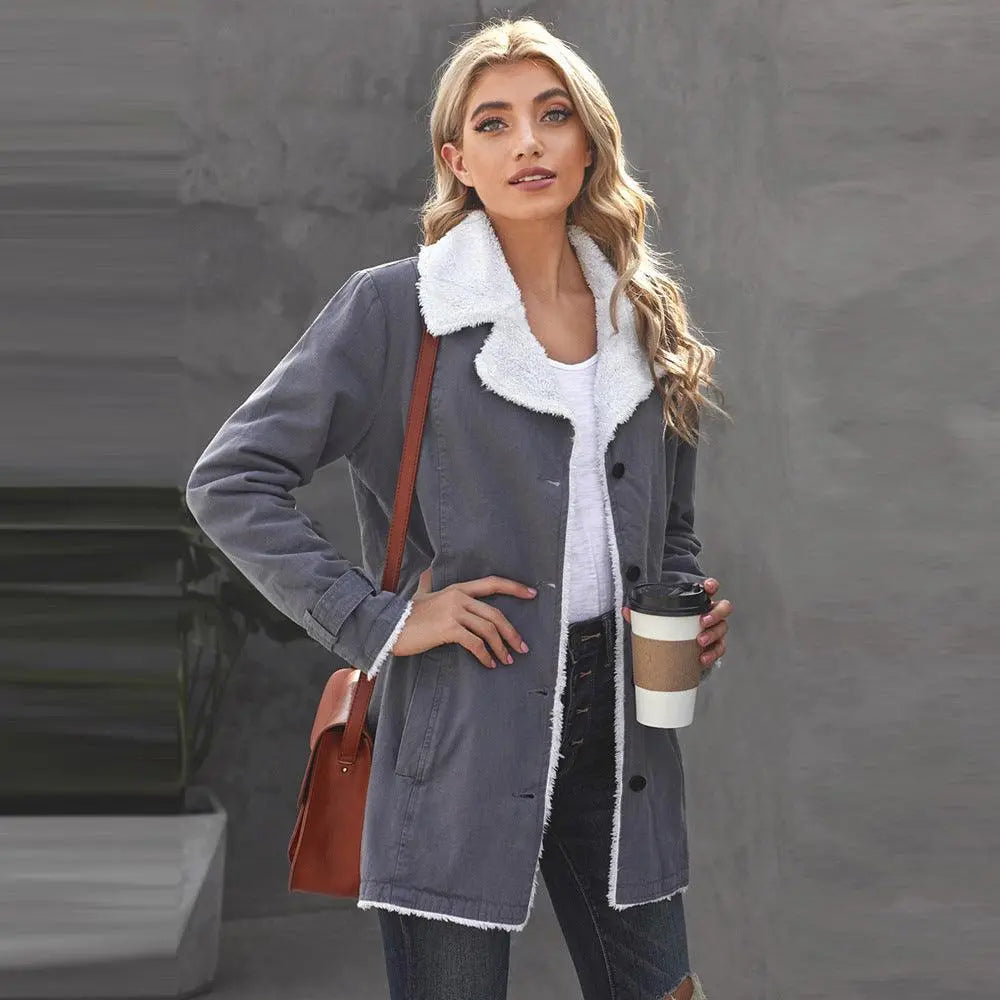 Slate gray long coat with white sherpa lining and button front, long sleeves