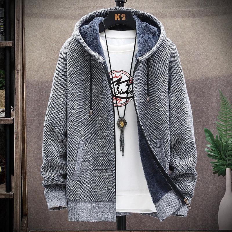 Men's fleece sweater coat with hood and zip front, heather grey exterior, dark hood lining