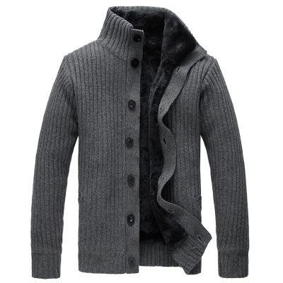 Dark gray ribbed knit hooded button jacket with dark faux-fur lining