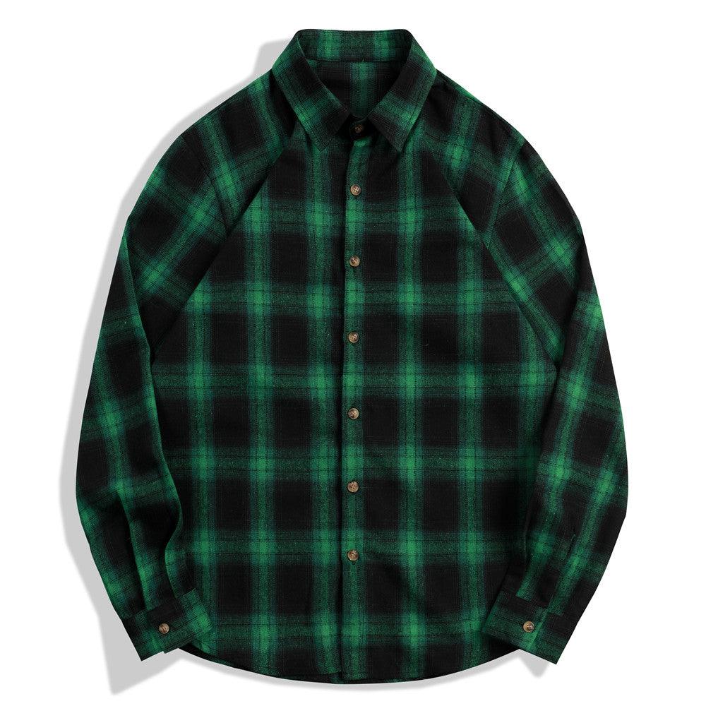 Men's green plaid button-up shirt with dark blocks