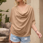 Solid V-Neck Short Sleeve Loose Top - WOMONA.COM