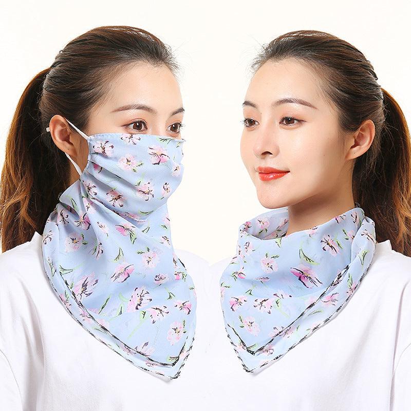 Floral silk neck scarf with face covering, light blue base with colorful small flower prints