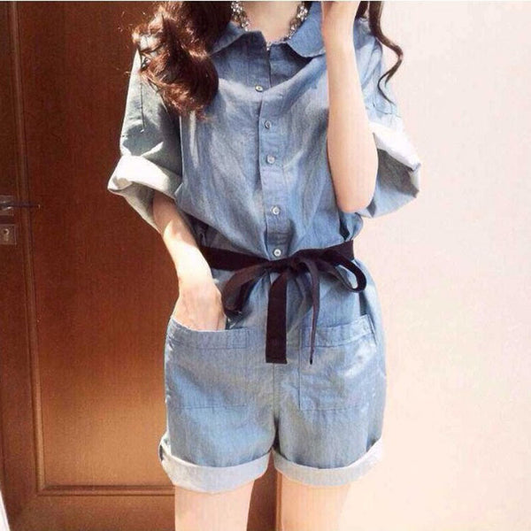 Denim Short Sleeve Jumpsuit - WOMONA.COM