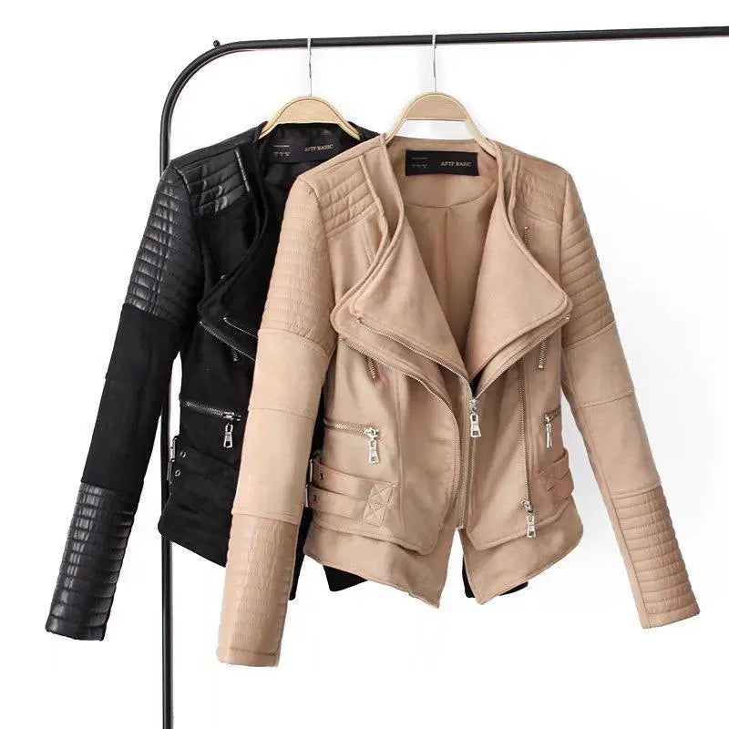 Stitching cropped leather jacket - WOMONA.COM