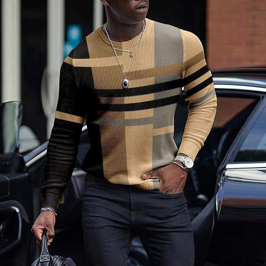 Men’s long-sleeve sports t-shirt with tan, gray, and black geometric stripes