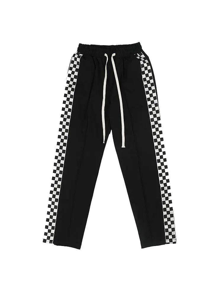 Checkerboard Side Split Straight Leg Sweatpants Hip-hop Drop Feeling Stacked Drawstring Casual Pants Men - WOMONA.COM