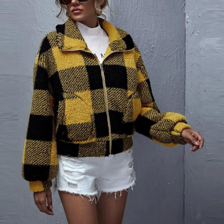 Lapel Cardigan Plaid Literary Street Hipster Yellow - WOMONA.COM