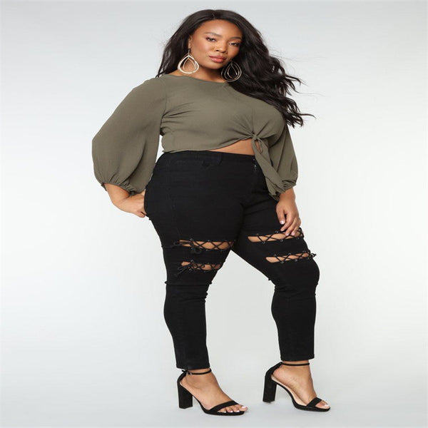 Women's Plus Size Fashion Eyelet Strap Jeans - WOMONA.COM
