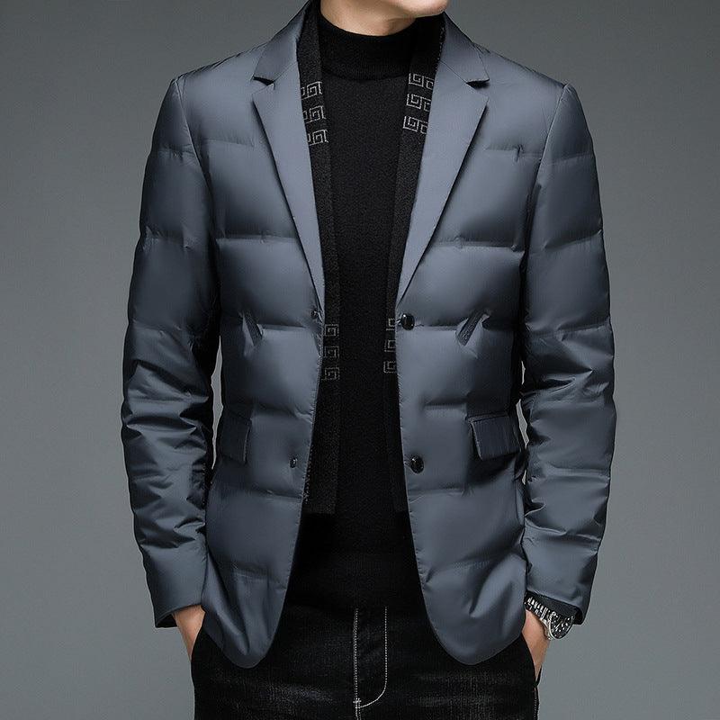 Men’s dark grey padded down-style blazer jacket with notch lapels and button front