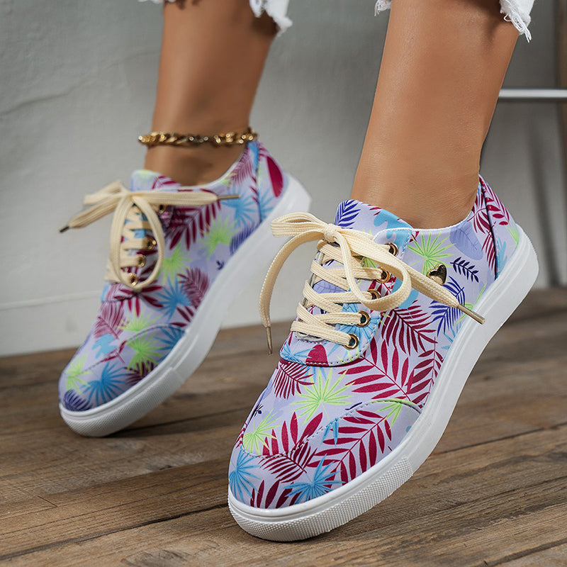 Lace-Up Flats Leaves Print Casual Sneakers - WOMONA.COM