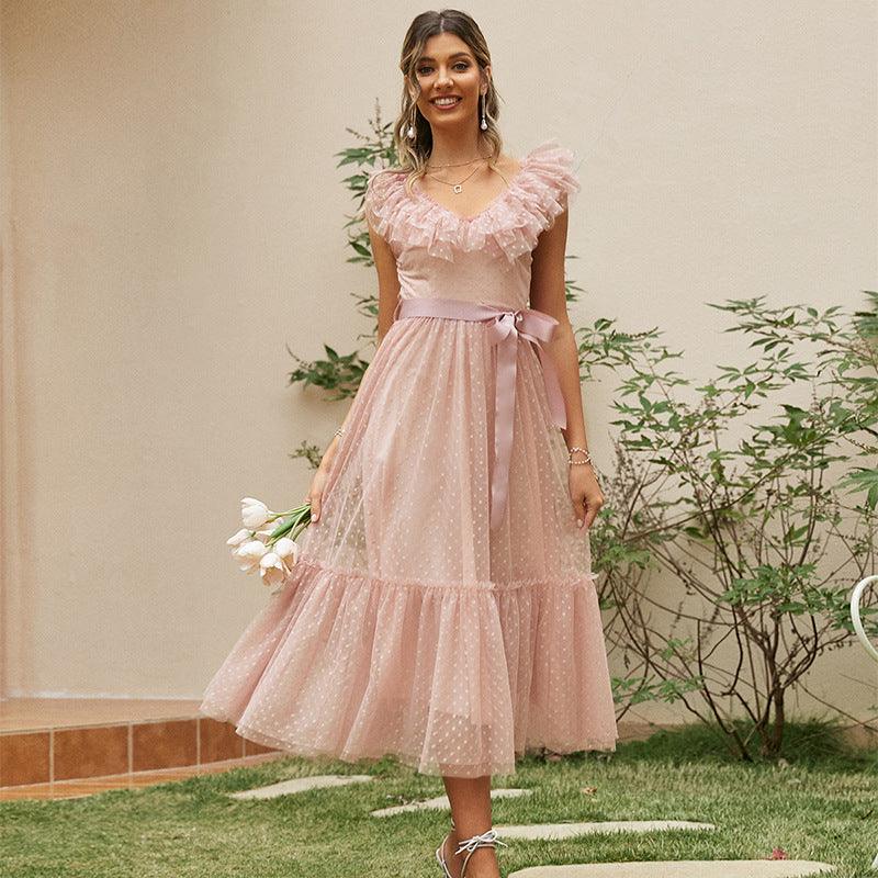 Lace Solid Color Sling Dress - WOMONA.COM