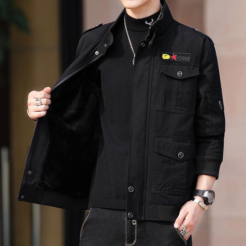 Men's padded velvet jacket, black with zip front, snap flap pockets, dark sherpa lining