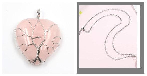 Peach Heart-shaped Lovers Pendant Natural Crystal Tree Of Life Necklace - WOMONA.COM