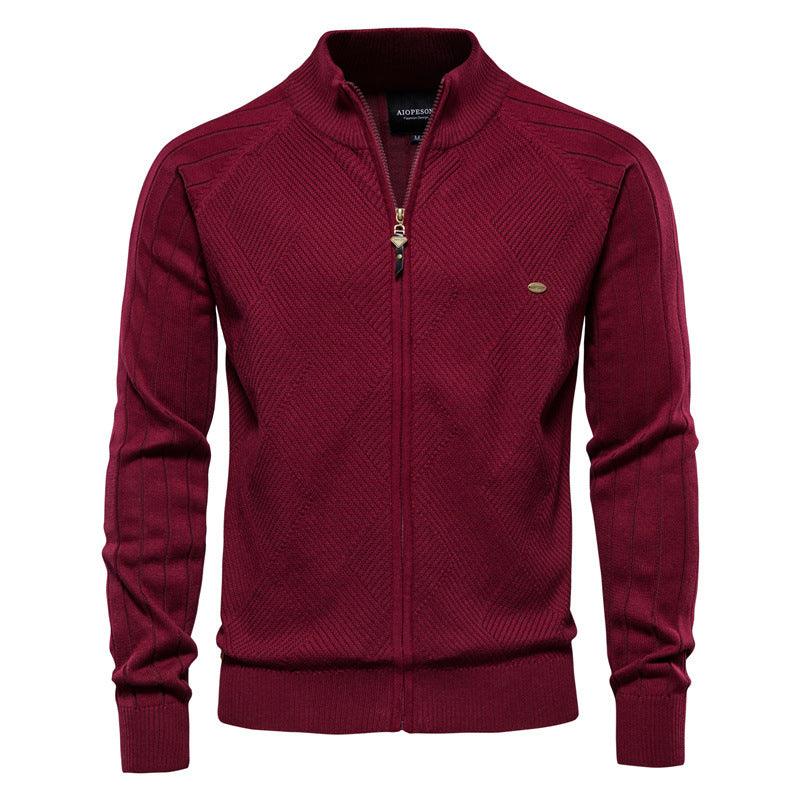 Wine red zip-up knit sweater with stand collar and diamond pattern