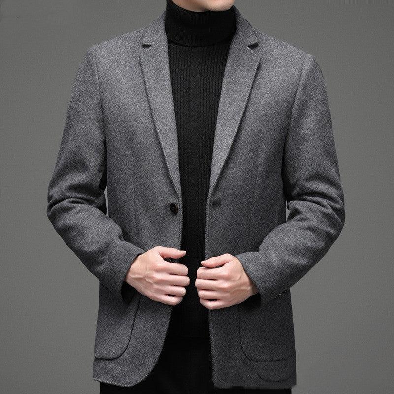 Grey wool blend single-breasted coat with notched lapels and two front pockets