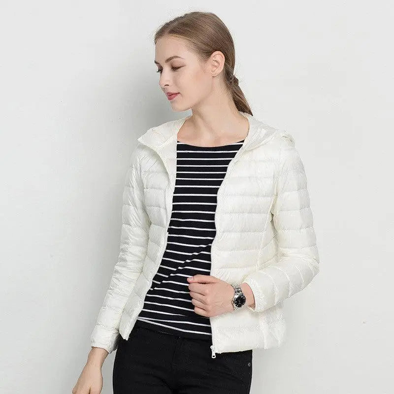 White lightweight down jacket with zip front and hood