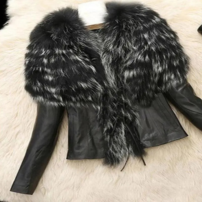 Black simulation leather jacket with faux fur collar and cuffs, open front and long sleeves