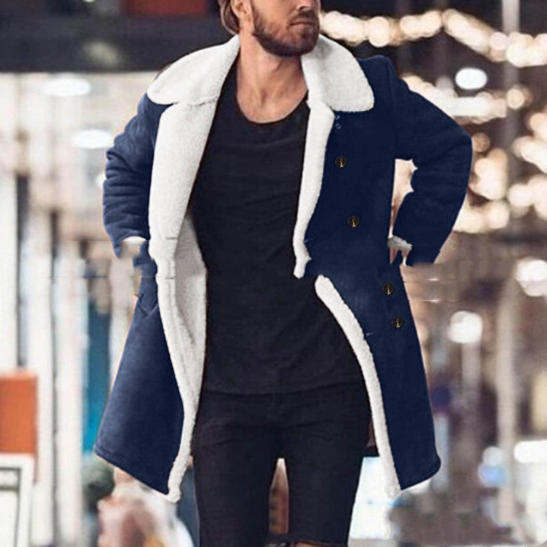 Men's navy suede-look coat with sherpa lining, button front and stand collar