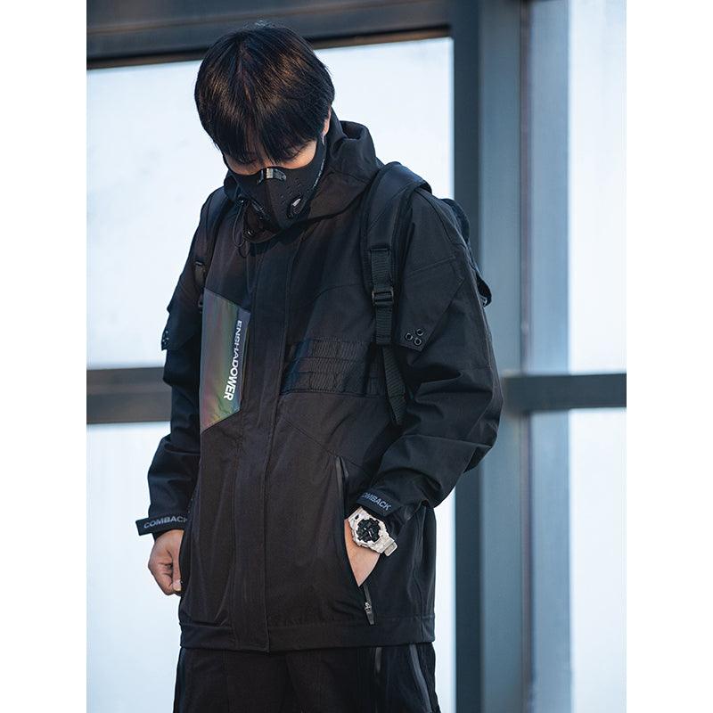 Mens black hooded reflective jacket with full zip, utility pockets, and reflective panel