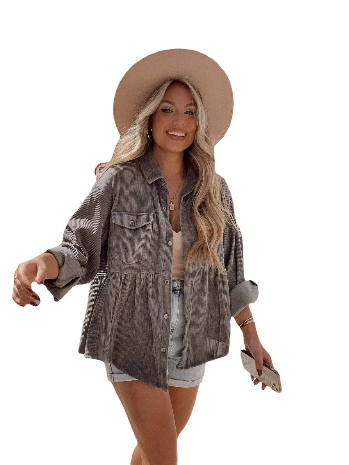 Grey corduroy lapel cardigan, button-down front, long sleeves and chest pocket