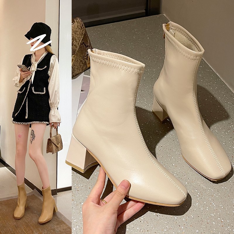 Soft Leather  Nude Boots - WOMONA.COM