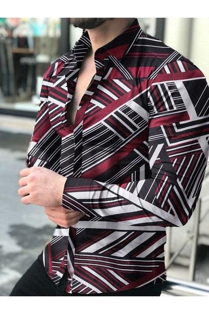 Men's long-sleeve button-up shirt with black, maroon, and white geometric stripe print.