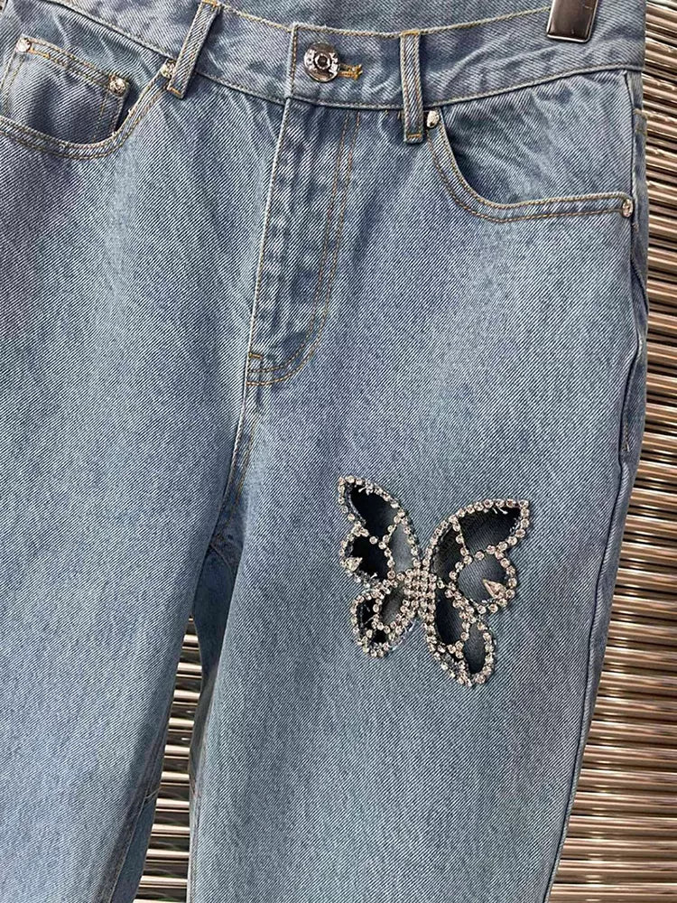 Diamond Butterfly Denim Trousers - WOMONA.COM