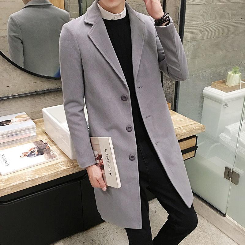 Light gray slim-fit wool trench coat with notched lapels and button front