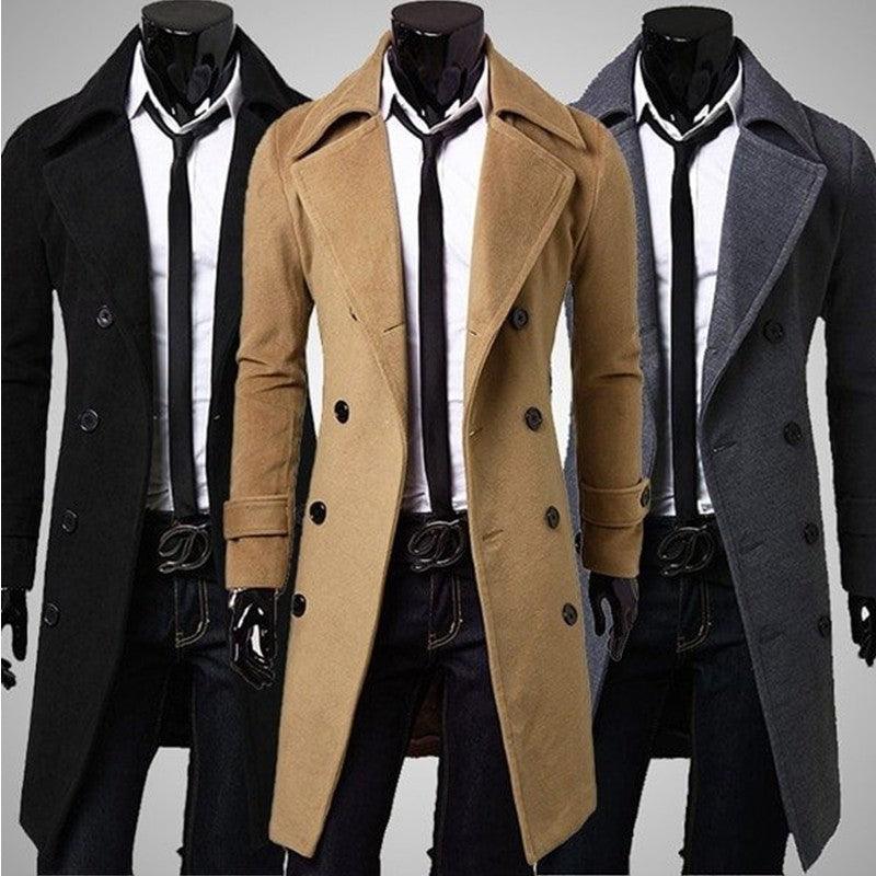 Camel tan trench coat with notched lapels, dark buttons, and long double-breasted cut.