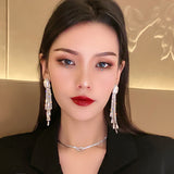 Pearl Full Diamond Long Tassel Earrings - WOMONA.COM