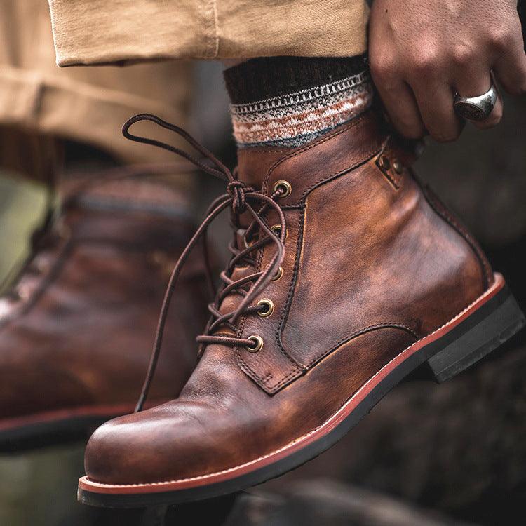 Men's lace-up ankle boots, brown leather look, round toe and TPR sole