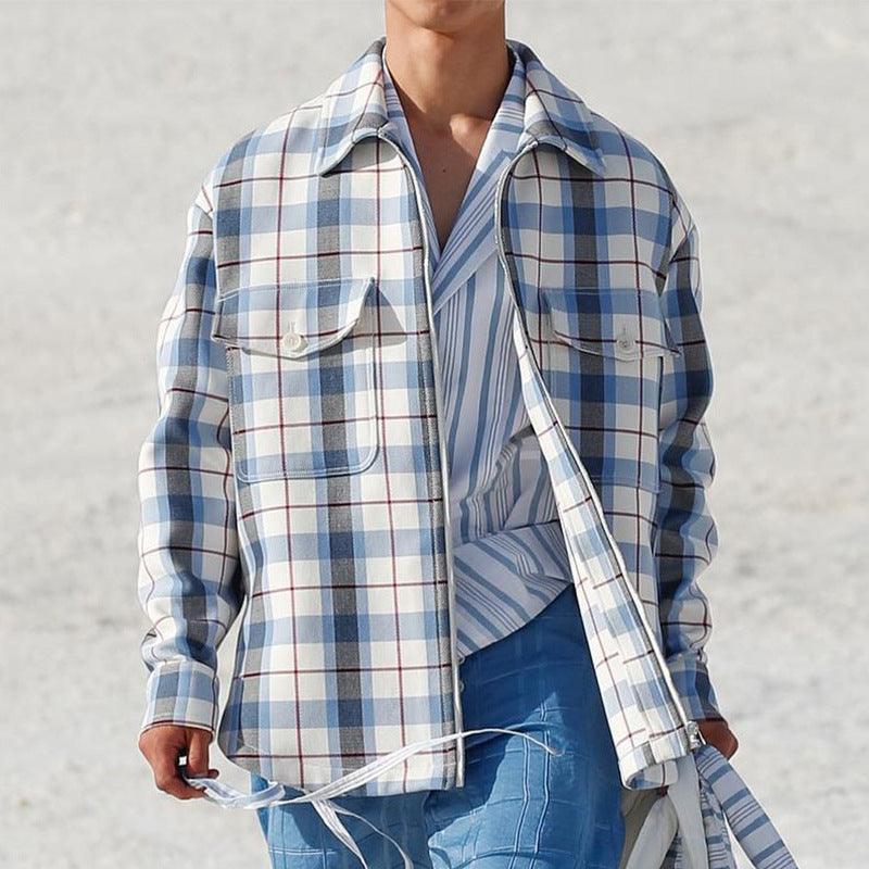 Men's slim-fit plaid shirt in light blue and white with red accents, two chest pockets.