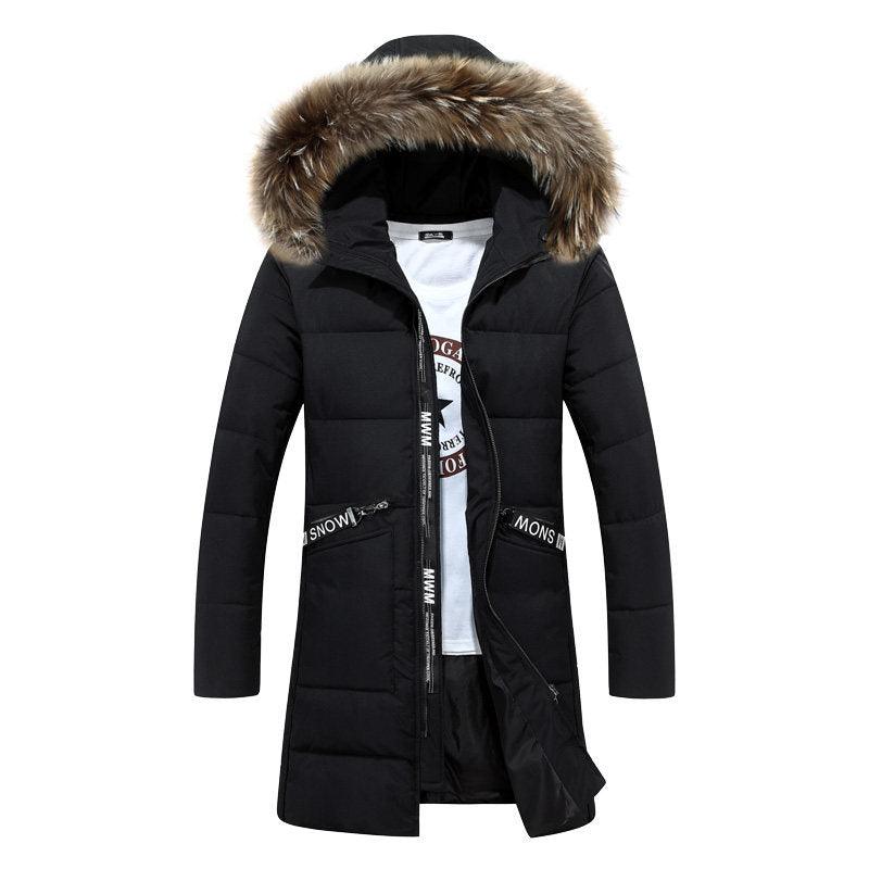 Men's hooded winter parka, black quilted coat with faux-fur trimmed hood and zipper front