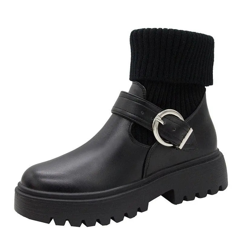 Women's non-slip black ankle boot with knit cuff, silver buckle strap, treaded sole