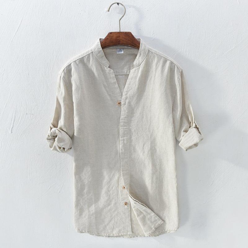 Men's linen casual shirt in white, short sleeves, button-front placket, curved collar