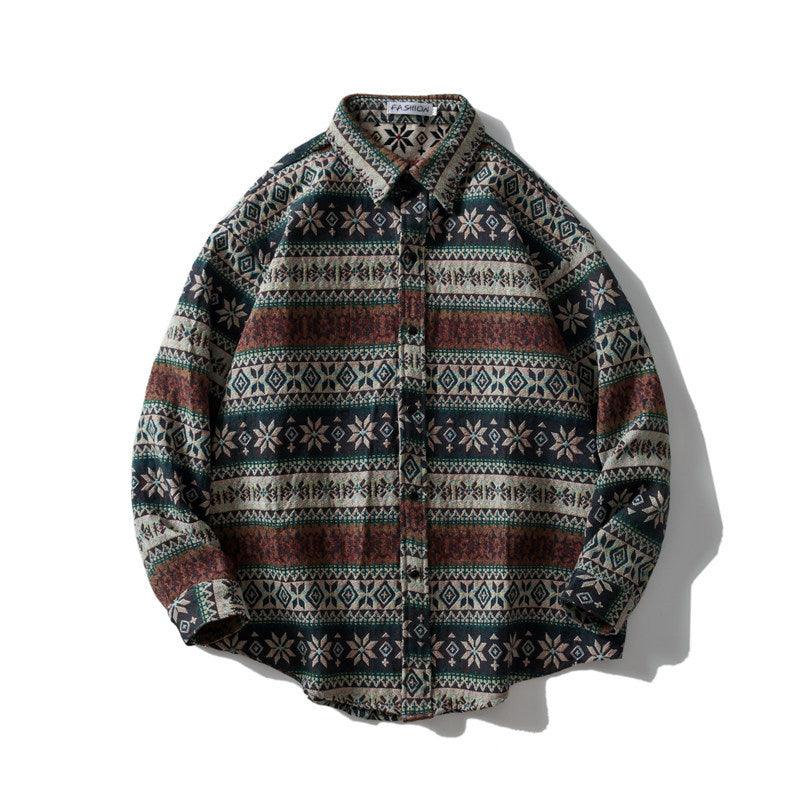 Front view patterned wool jacket, long sleeves, stand collar, button-front with multicolor print