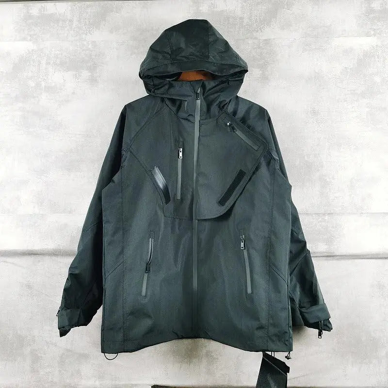 Black hooded multi-zip pocket jacket with drawstring cuffs
