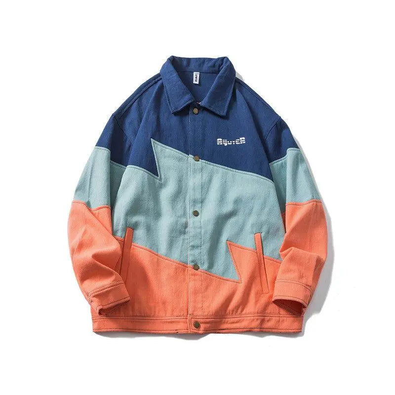 Color-block casual jacket top with button front, stand collar, blue, mint, and orange