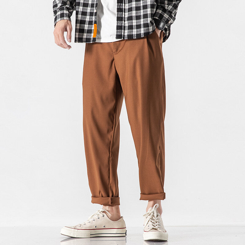 Men Straight Loose Cropped Cotton Pants - WOMONA.COM