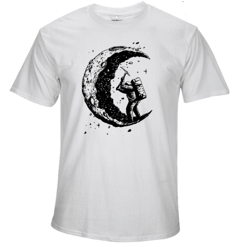 Men's white crew-neck T-shirt with black moon and silhouette graphic on chest