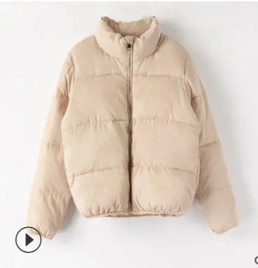 Beige padded cotton jacket with zip front and stand collar, long sleeves