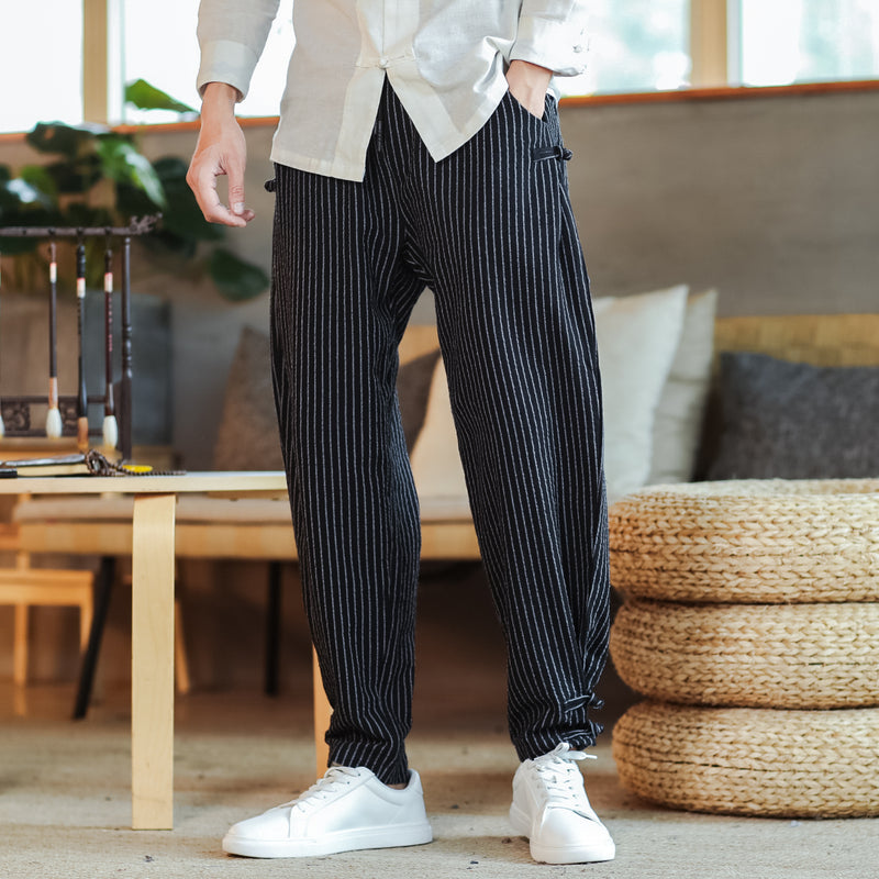 Striped Men's Disc Buckle Harem Pants - WOMONA.COM