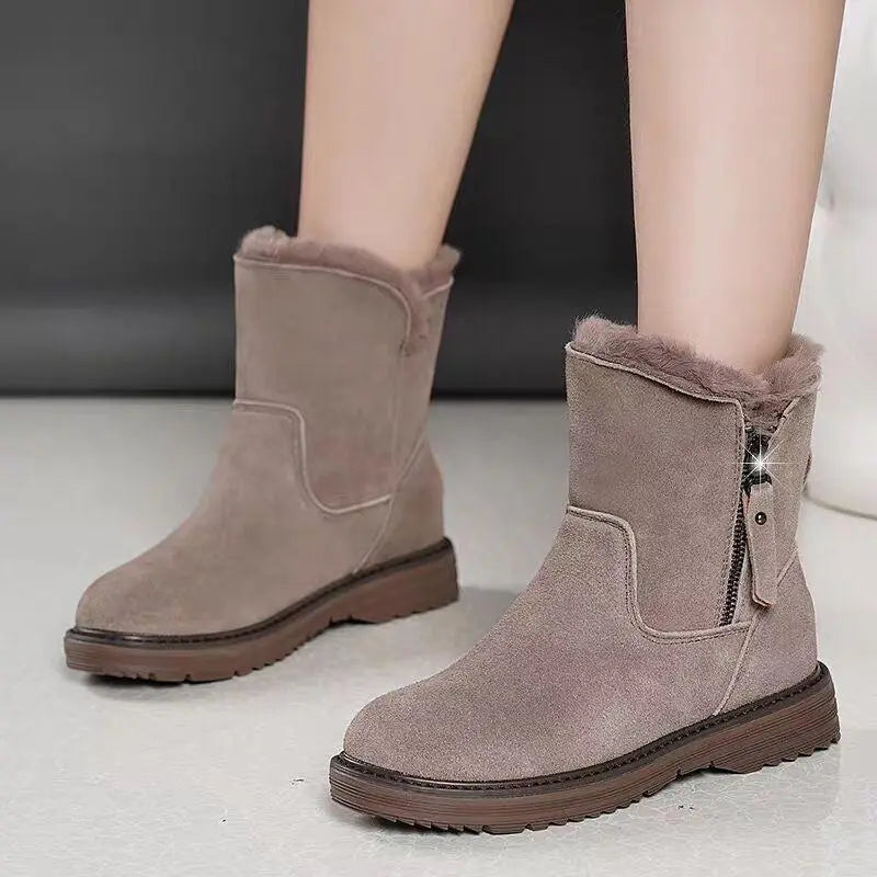 Cotton-padded ankle boots, taupe suede with faux-fur cuff, side elastic panels, cushioned sole