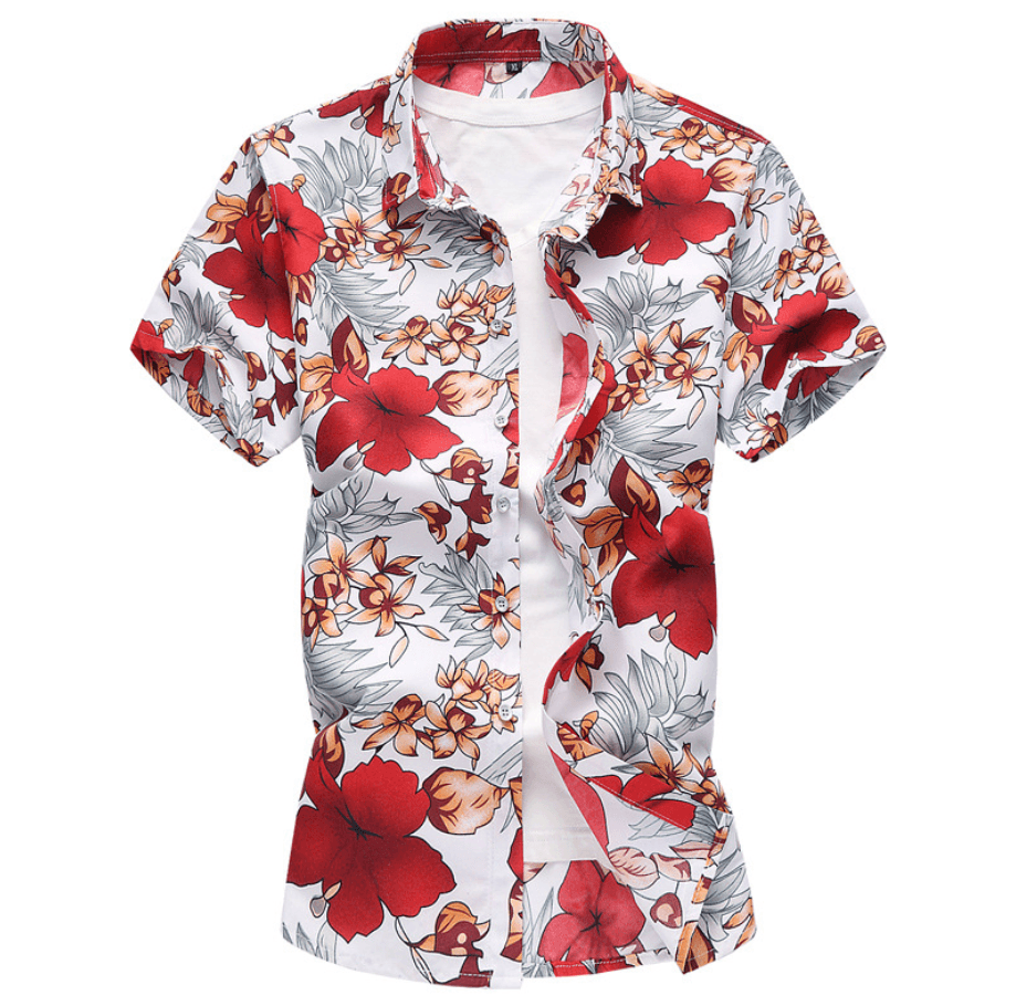 Men's short-sleeve button-up shirt with red and orange floral print on a light base