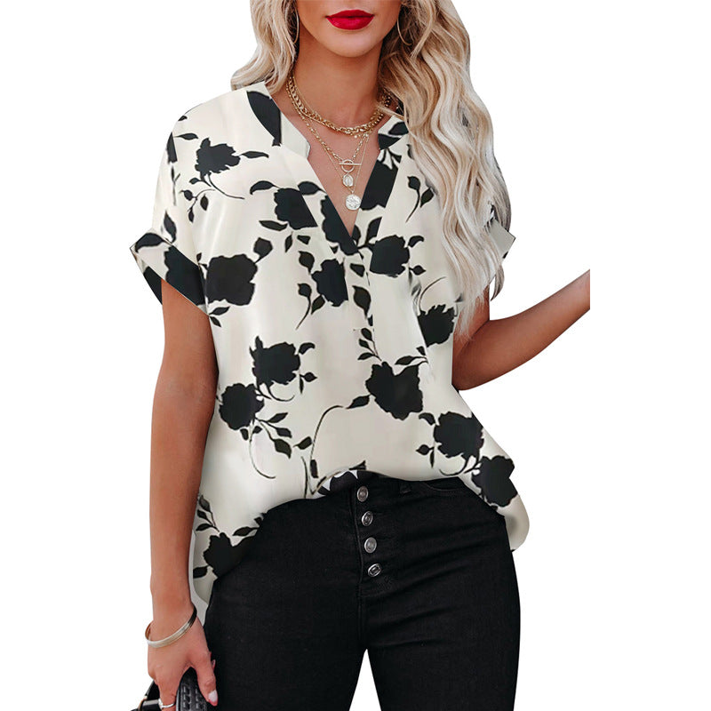 Summer Floral Print Short-sleeved Shirt For Women - WOMONA.COM