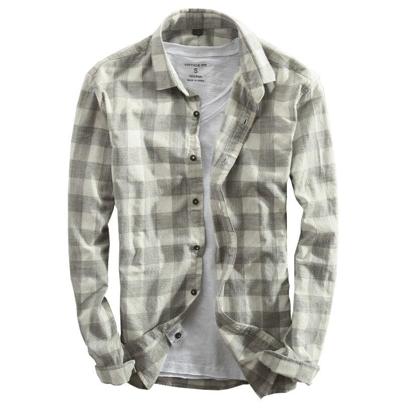 Men's washed cotton button-up shirt, light grey and dark grey plaid, long sleeves