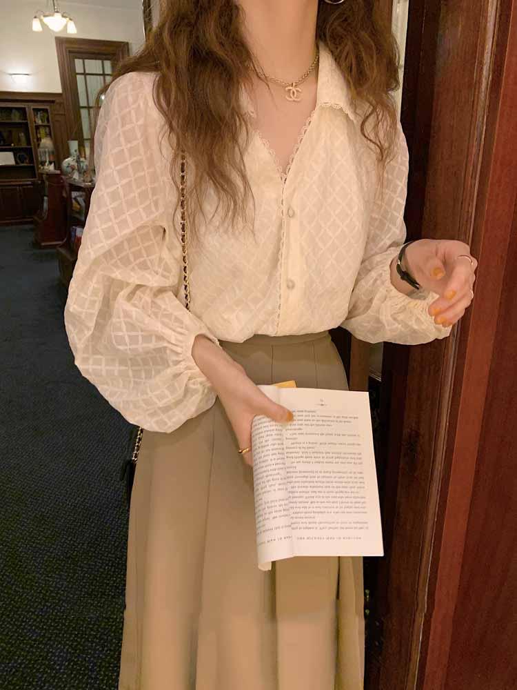 V-Neck Lapel Lace Shirt - WOMONA.COM