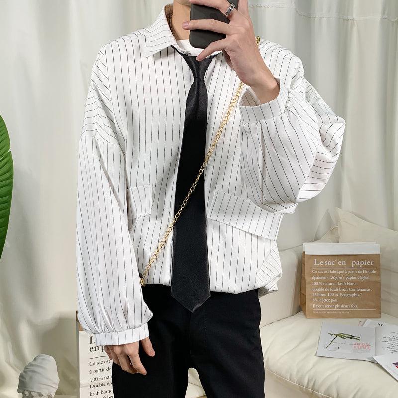 Men's striped casual shirt with black tie, white with thin vertical stripes