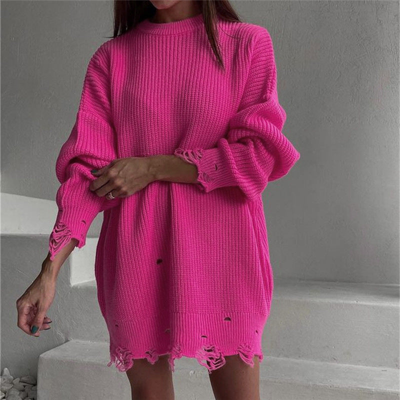 Loose Solid Color Ripped Sweater - WOMONA.COM