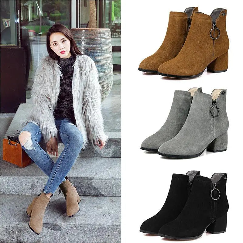 Ankle heeled suede leather boots set: tan, gray, and black with ring zipper